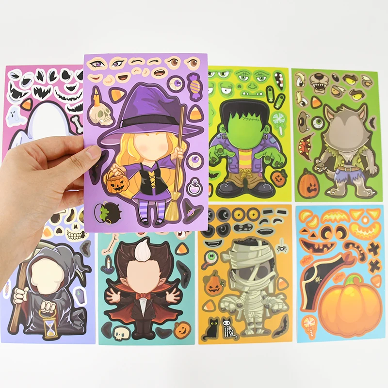 8/9Sheets Children DIY Puzzle Sticker Halloween Wall Stickers Pumpkin Ghost Assemble windows decals Halloween Party Home decors