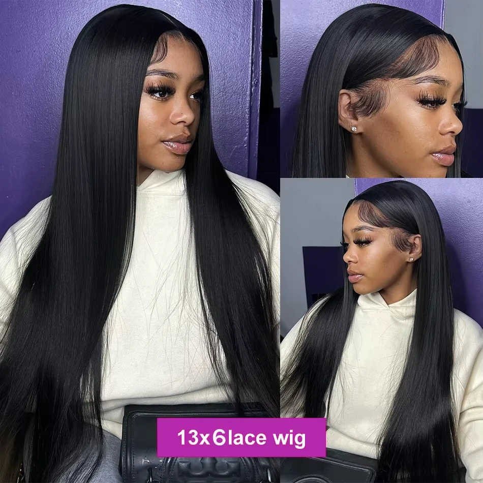 Rrosabeauty 13x6 Straight Lace Front Wigs Human Hair Pre Plucked Upgrade Invisible Drawstring Wigs Human Hair with Tapes 250 Density Glueless Wigs Human Hair for Women
