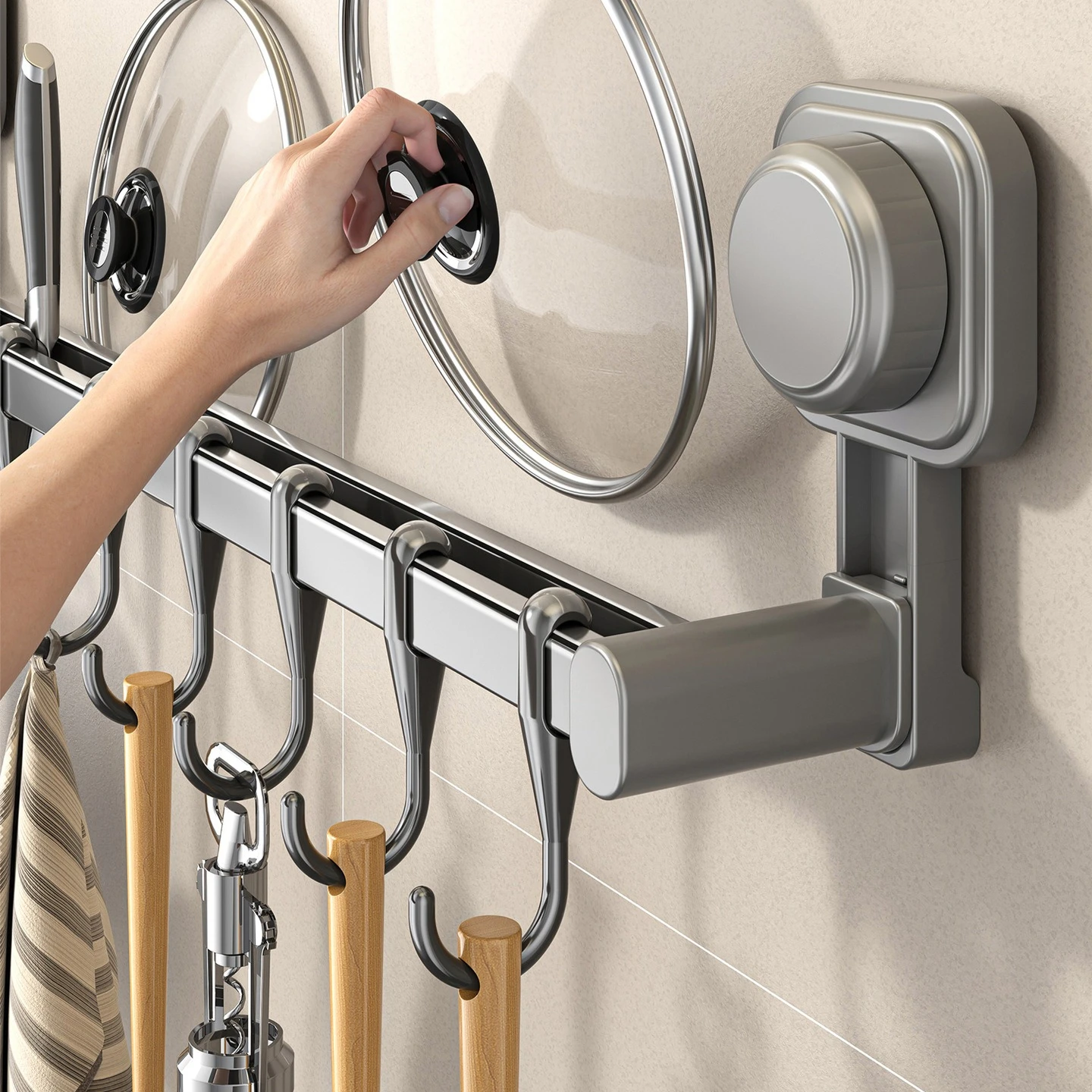 Suction Cup Kitchen Hook Rack No Drilling Storage Rack with Hooks for Pots, Pans, Spoons, Knives  Wall-mounted Storage for Items
