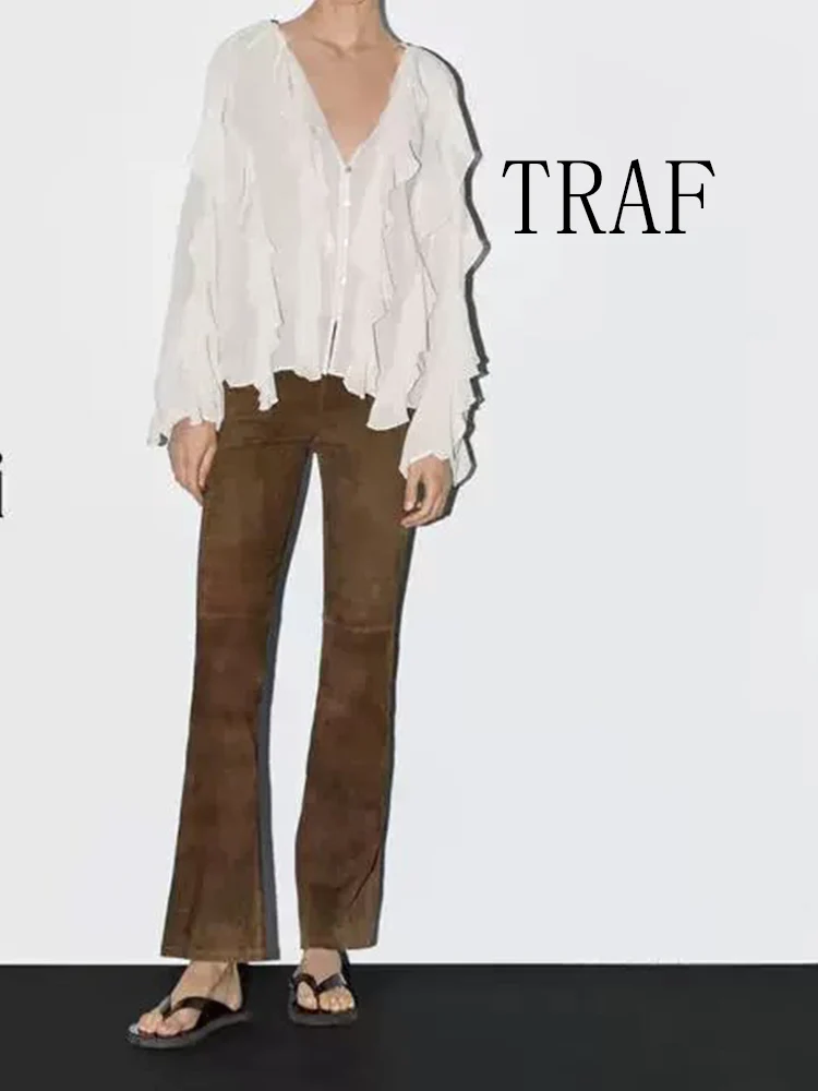 

TRAF European and American style summer new women's clothing versatile layered decoration fashion V-neck long-sleeved shirt