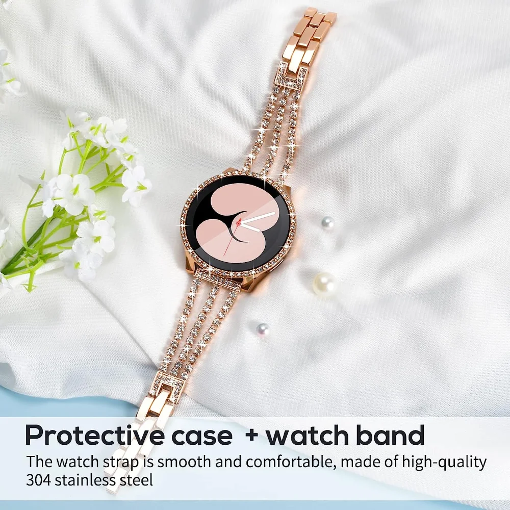 Metal Strap+case for Samsung Galaxy Watch 4/5 40mm 44mm Screen Protector Bumper + 20mm Band Shiny Diamond Link Women Bracelet