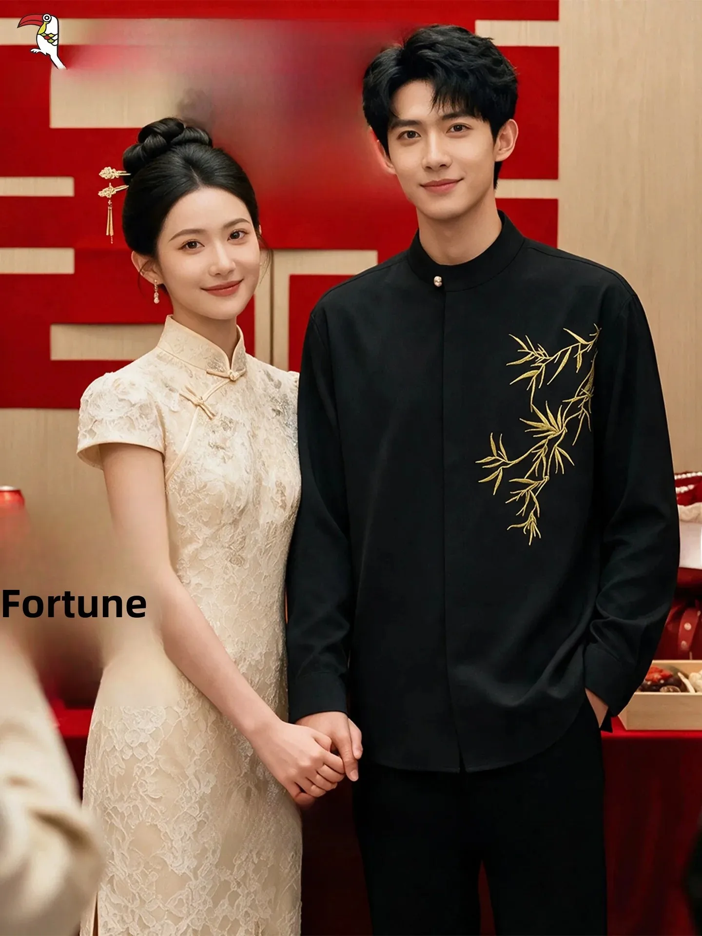 new-chinese-style-men's-shirt-set-bamboo-leaf-embroidery-wedding-engagement-formal-wear-tucano-brand-polyester-fiber