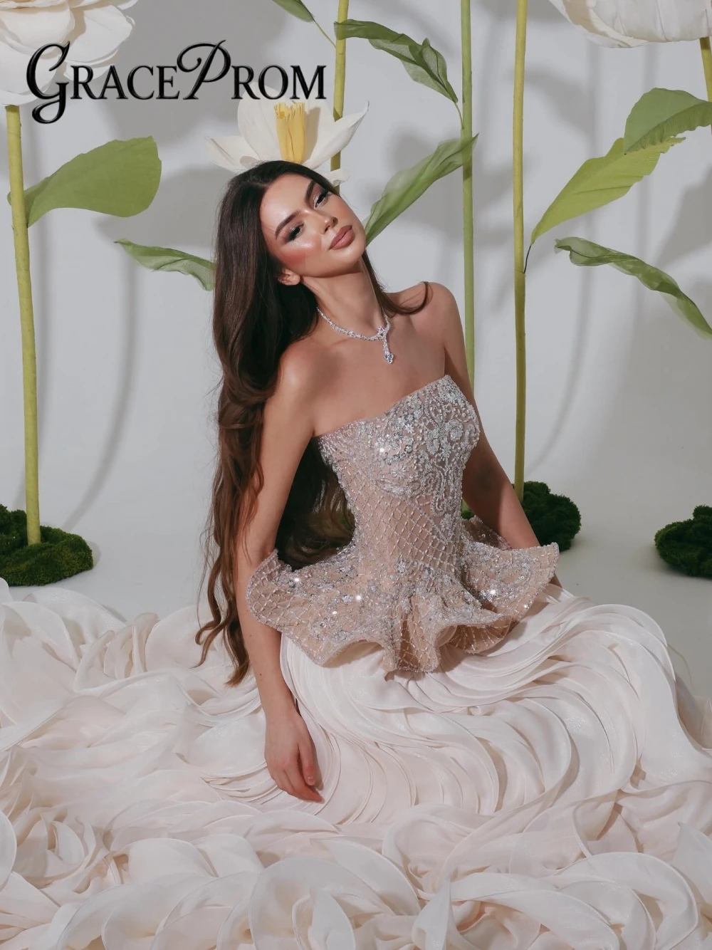 Women Formal Wear Dubai - Elegant 3D Ruffle Beaded Evening Dress