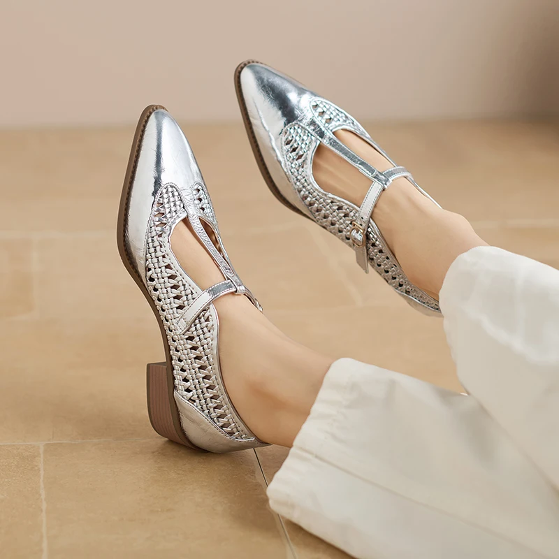 

Genuine Leather Cowhide Heeled Sandals,Pointed Toe Mesh Openwork Breathable High Heels,Summer Silver Womens Shoes