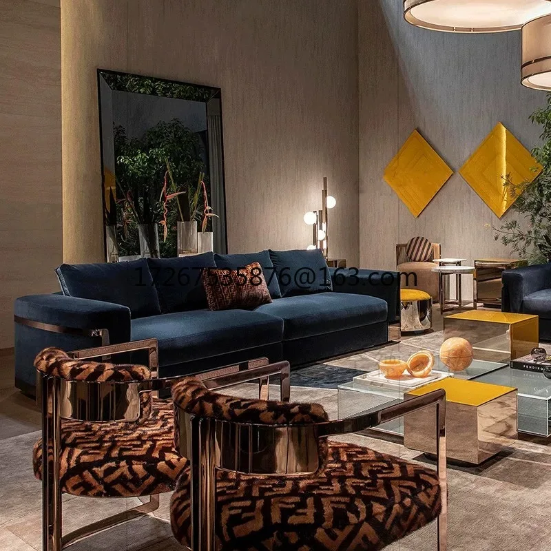 

Italian light luxury simple high-end villa living room furniture matte fabric leather straight row combination sofa