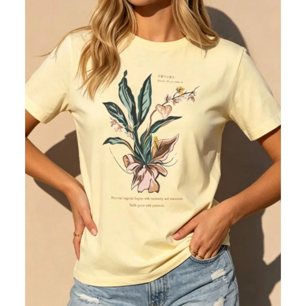 Women Crew Neck Short Sleeve T Shirt Vintage Botanical Floral And Text Graphic Print Casual Slim Fit Basic Tee Top