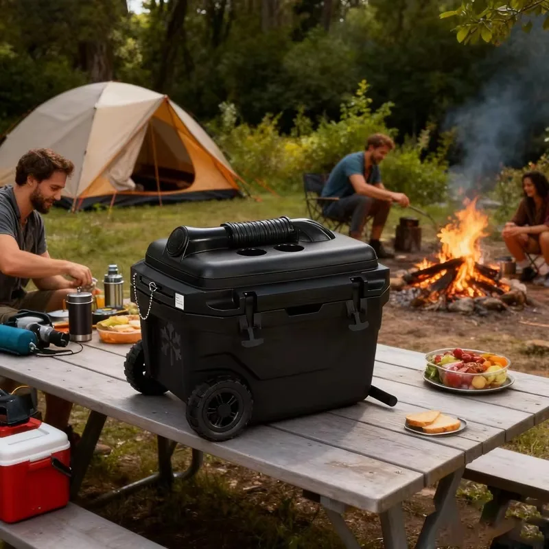 High Quality Modern Portable Eco-Friendly 50L Insulated Plastic Cooler with Trolley with Lid, Suitable for Outdoor Use