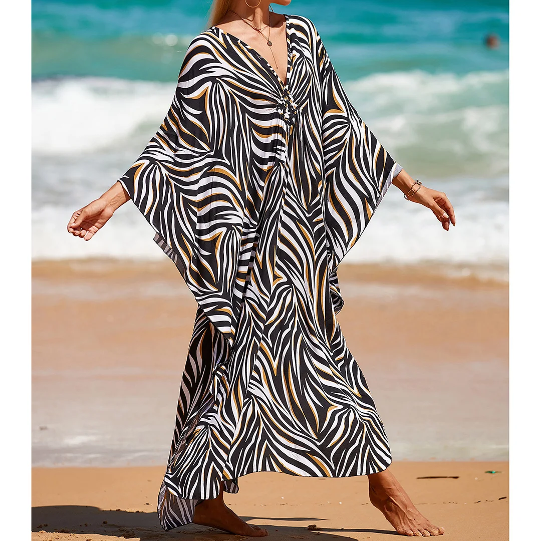 Sexy Tunika mit Zebra-Muster und V-Ausschnitt, Strandkleid, Strandmode, langes Strandkleid für Damen, V4159 – Detail 28