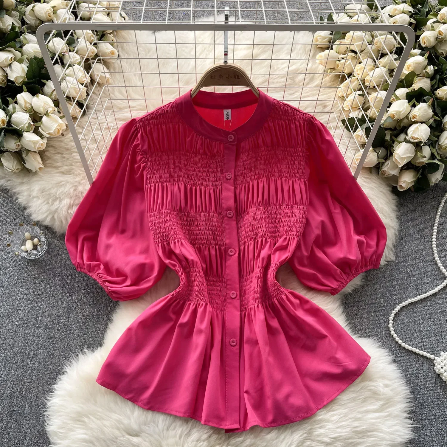 Women Chic O-neck Puff Sleeve Long Sleeve Folds  Solid Slim Sexy Korean T-shirt Fashion Summer Women Shirt Three Quarter