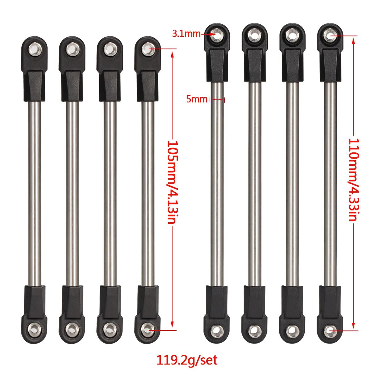 8 szt. Zestaw ogniw ze stali nierdzewnej 275mm o rozstawie osi 5mm z końcówki drążków M4 dla 1/10 gąsienica RC 275WB SCX10 podwozia AUSTARHOBBY D90