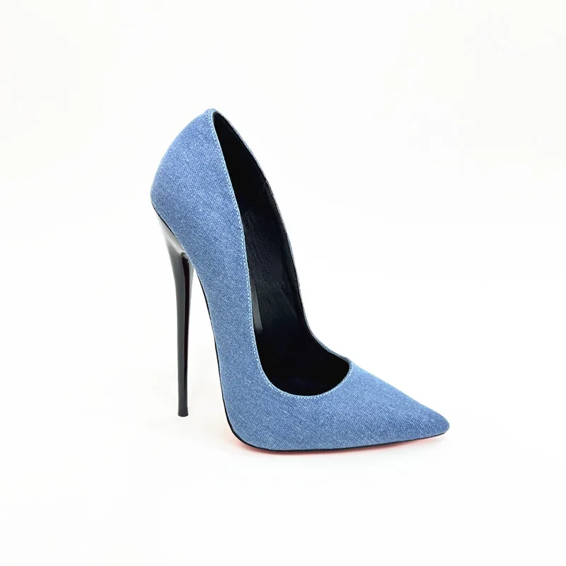 CACA-Escarpins à talons hauts en denim pour femmes, chaussures de pole légiti, peu profondes, Parker pointu, doublure en peau de mouton, noires, bleues, personnalisées, 16cm