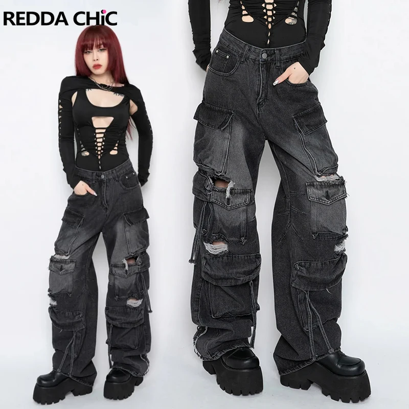 

ReddaChic Do Old Multi-pocket Cargo Jeans Women High Waist Washed Destroyed Oversize Grunge Baggy Jeans Casual Vintage Work Wear