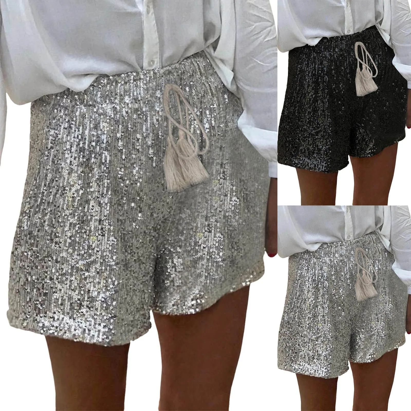 Women Summer Sequined Shorts High Waist Casual Loose A Line Hot Shorts Shiny Clubwear Night Out Shorts Silver Black Sexy Shorts