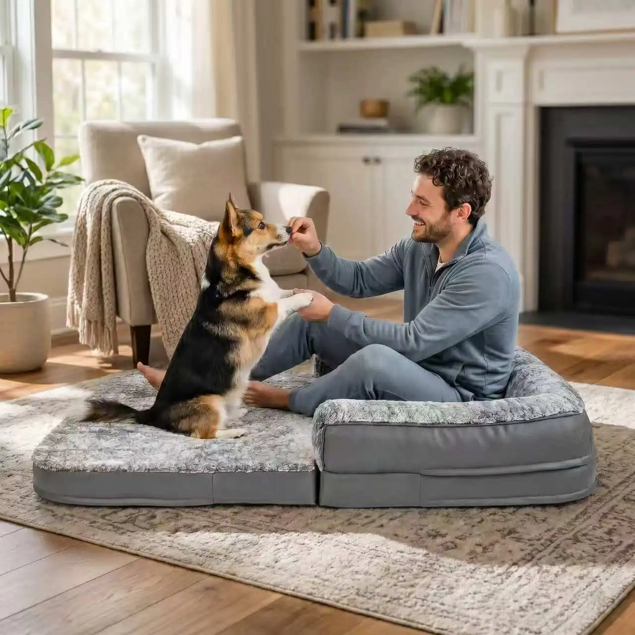 Bingopaw Human Size Dog Bed for Adults & Pets, Foldable Giant Dog Bed Mat with Scratch-Proof PU Leather Edge, High Density Foam Orthopedic Pet Couch Floor Bed, Washable Cover & Handles, 71