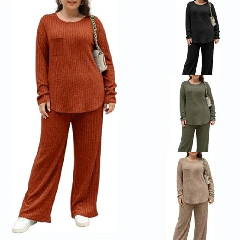 XL-5XL Plus Size Women Clothing Two Piece Sets 2024 Fall Winter Solid Color Long Sleeve Loose Casual Pant Suits Dropshipping