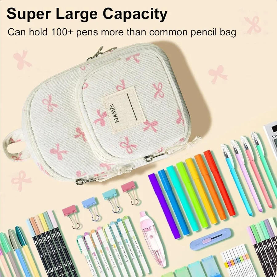 กล่องดินสอน่า LEDAOU น่ารัก มีซิป จุดินสอได้เยอะ  กระเป๋าใส่ดินสอน่าสำหรับนักเรียนหญิงและชาย ลายโบว์สีชมพู