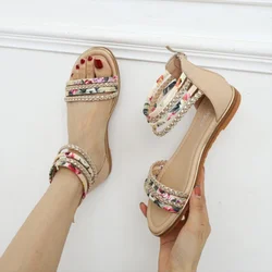 Summer Women Flats Shoes Bohemian Roman Style Flat Back Zipper Splicing Printing Skirt Female Sandals Holiday Beach Sandalias