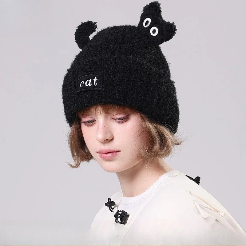 Fashion New Designer Cartoon Cat Shape Knitted Hat Girl Korean Versatile Plush Wool Hat Age-reducing Cute Thermal Hat