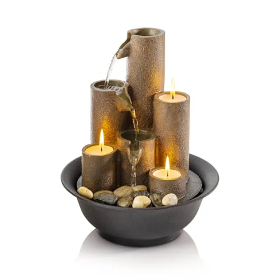 

WCT202 Indoor Tabletop Tiered Water Fountain Featuring 3 Candles for Desktop and Table 11" Brown