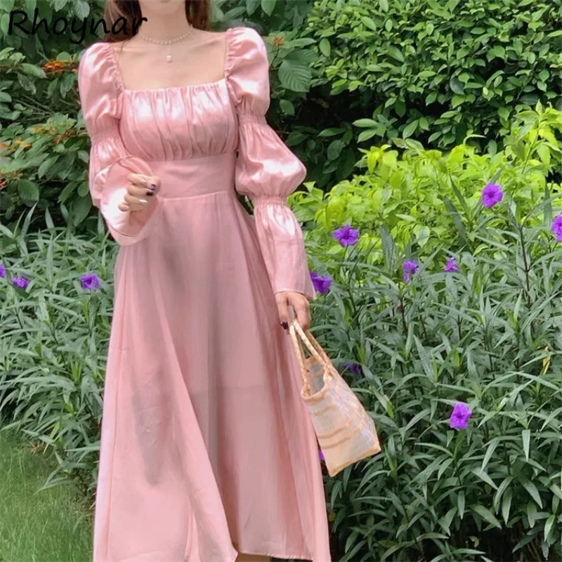 

Puff Sleeve Dresses Women Spring Sweet Ladies Elegant French Style Solid Casual Lace-up Hollow Out Square Collar A-line Design