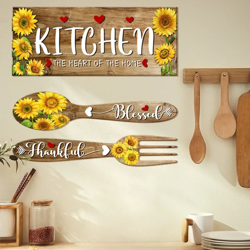 Rustic Sunflower Kitchen Wall Decals, Peel and Stick Removable PVC Stickers, KITCHEN Fork Spoon Mural Home Wall Decor