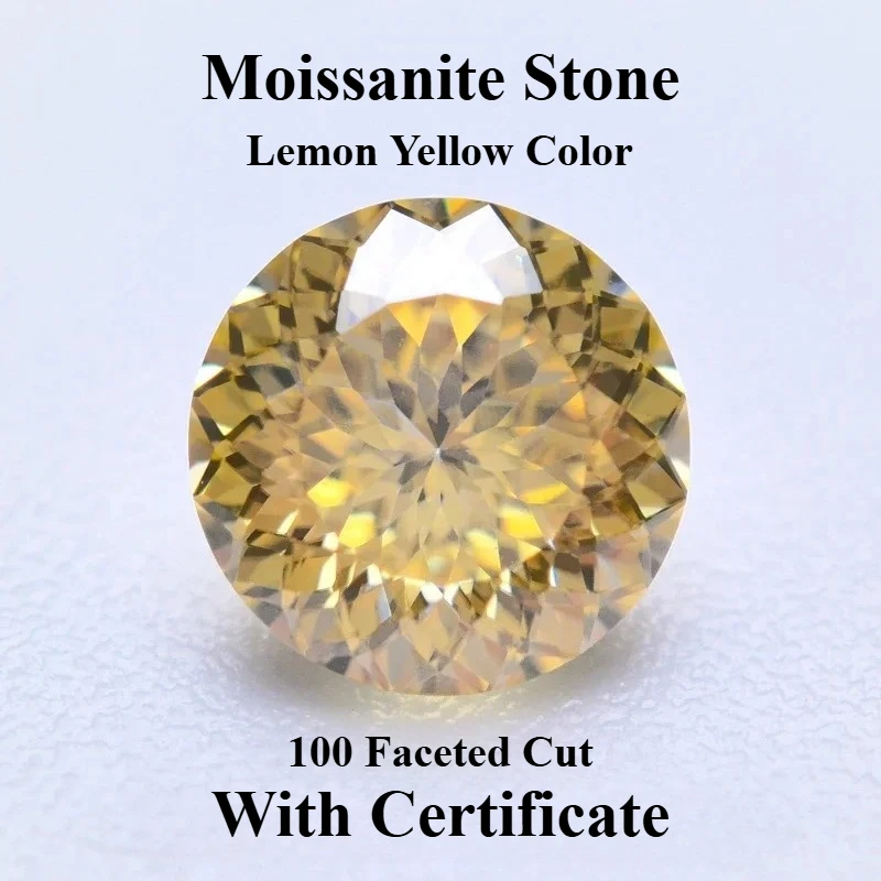 

Moissanite Stone Round Shape Lemon Yellow Color 100 Faceted Cut Lab Grown Gemstone for Charms Women Jewelry with Certificate