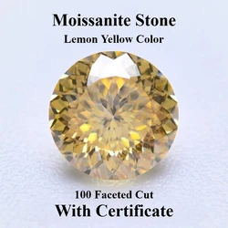 Moissanite Stone Round Shape Lemon Yellow Color 100 Faceted Cut Lab Grown Gemstone for Charms Women Jewelry with Certificate