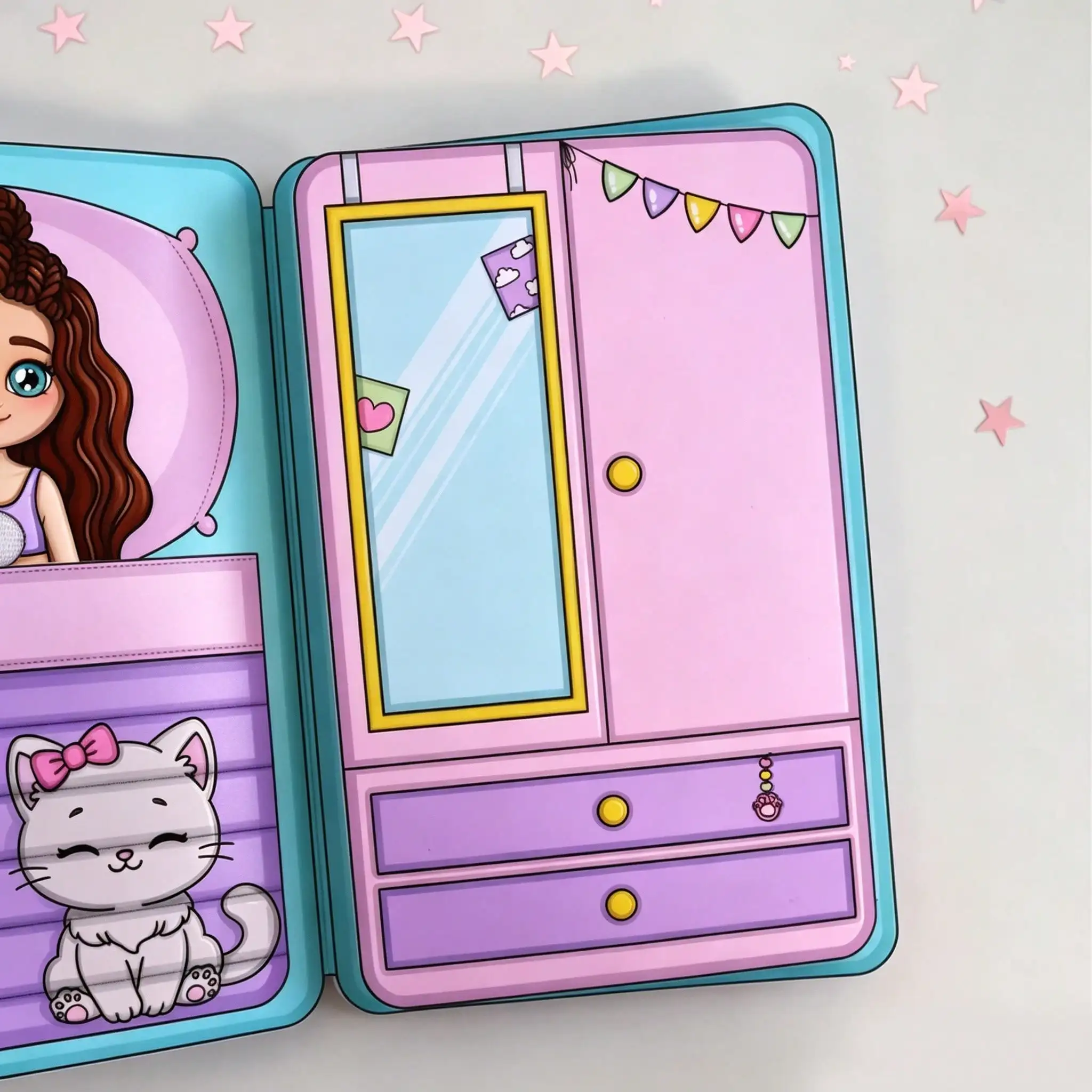 Interactive paper doll quiet book, DIY doll and cat scene changing, play-house activity book, early education teaching aid