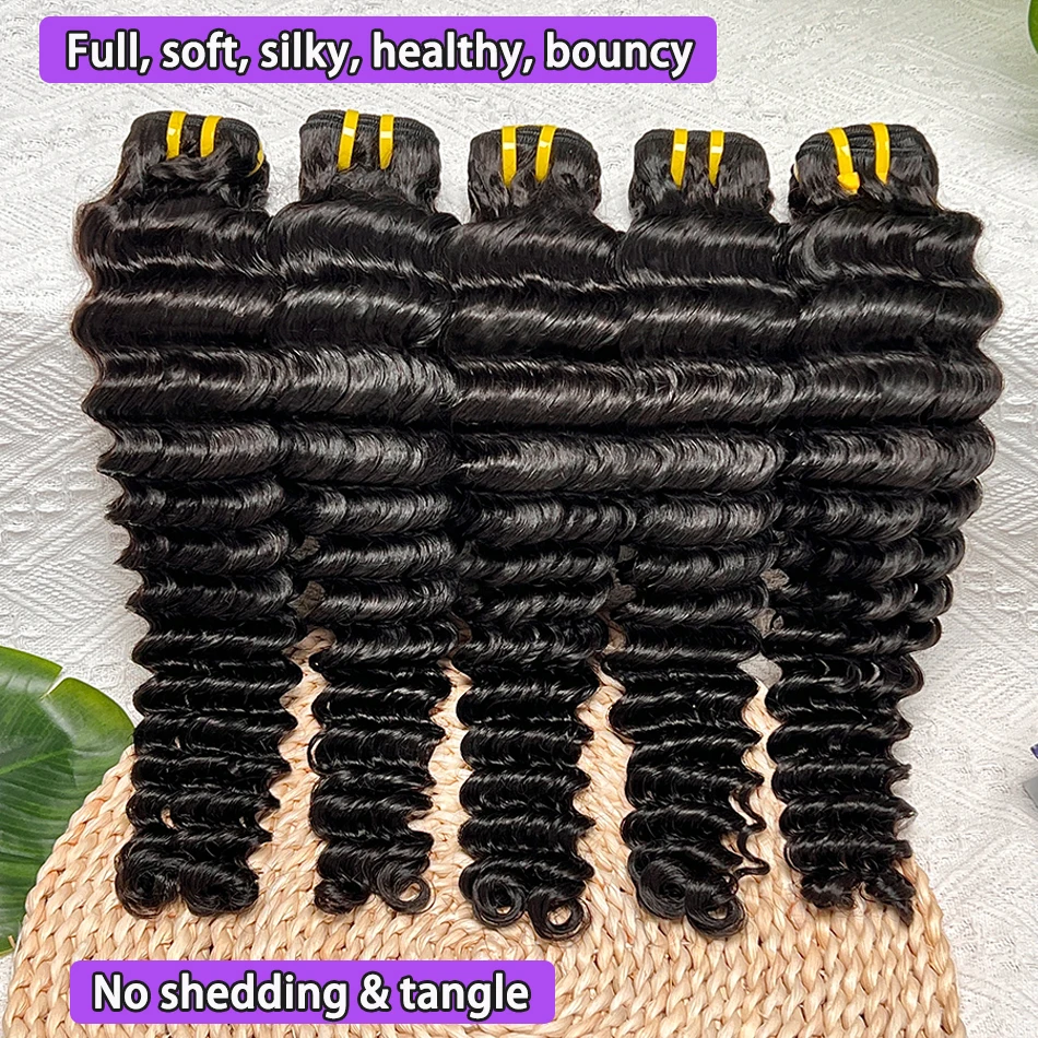Глубокие волны, пучки человеческих волос, двойные утки, наращивание волос, натуральный черный цвет, 100% необработанные девственные волосы, оптовая продажа, предложения на пучок