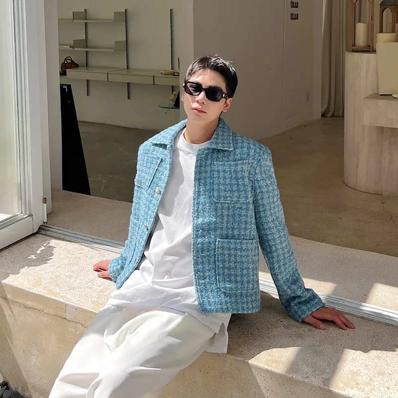 

Blue Woolen Jaet Men's ort Sle Korean Faion Ele Quali Autumn Winter Outerwear Youth ular Flip Collar Single ...