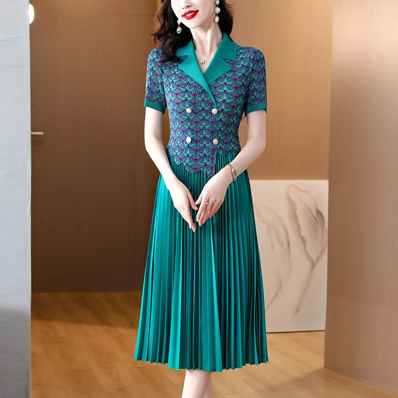 

Sanzhai Pleated Dress Summer Style Noble Temperament Women's High end Temperament Fake Two Piece Suit Collar Long Dress