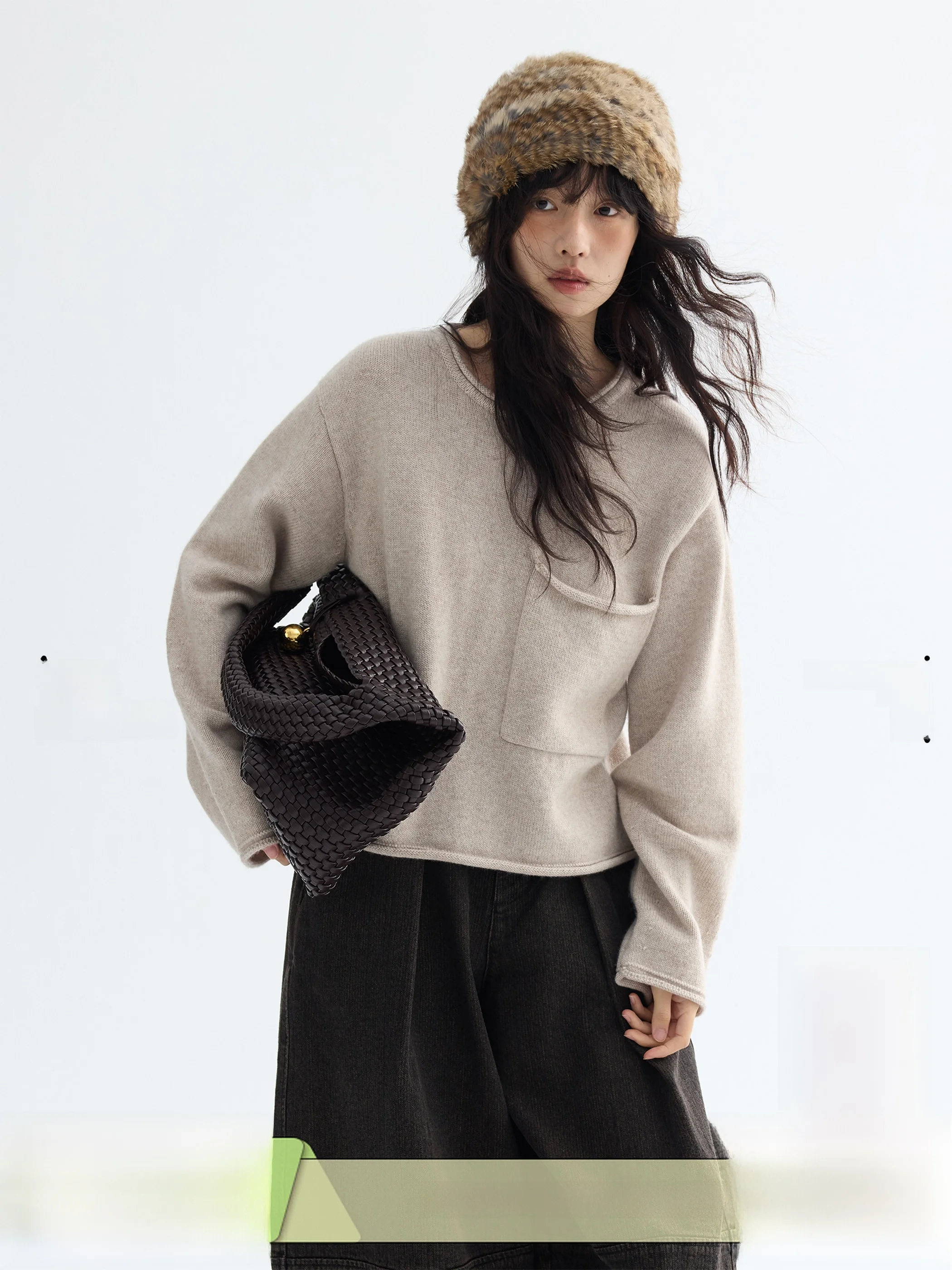 

Oversized round Ne Knitted Sweater Soft Camere Workwear Sle Turn up Cuff Casual All Season Women's Faion Wool Blend