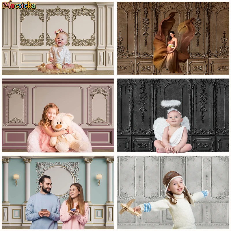 Vintage 3D Relief Brick Wall Photography Backdrop Door Carving Pattern Castle Background Adult Baby Shower Family Portrait Prop