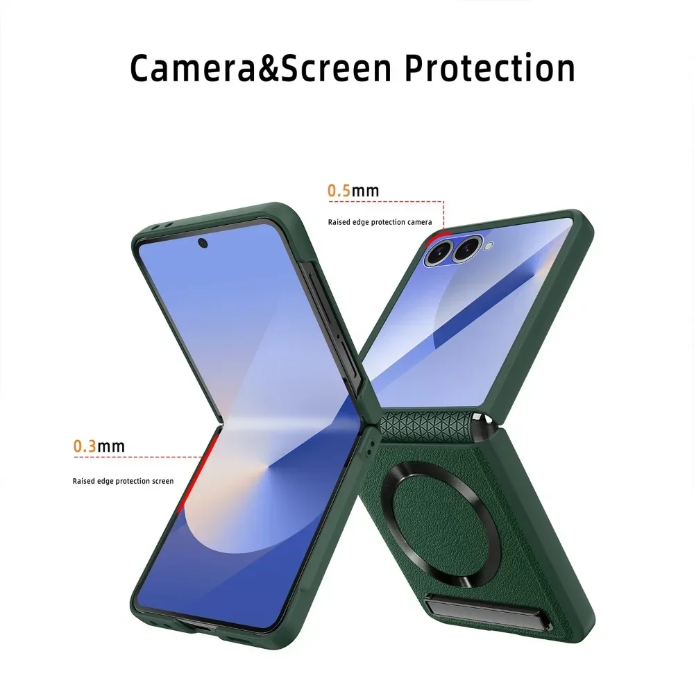 Magnetyczne etui z bezprzewodowym ładowaniem i funkcją podpórki do telefonu Samsung Galaxy Z Flip 8, Flip 7, 6, 5, z ochronną folią na szkło i skórzaną obudową. — zdjęcie produktu 4
