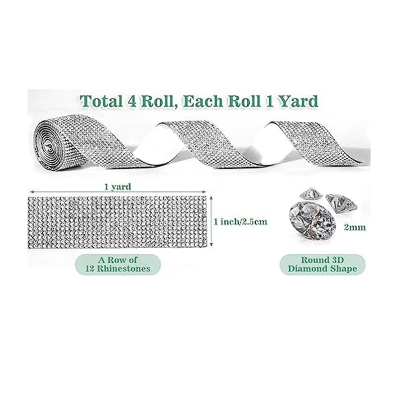 4 Rolls Self Adhesive Rhinestone Strips, Rhinestone Ribbon Rhinestone Diamond Ribbon for Crafts, DIY Rhinestone