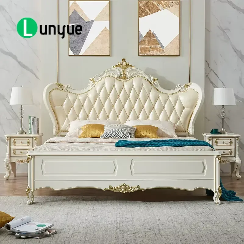 European Neoclassical Luxury Solid Wood Double Bed 1.8m First Layer Cowhide Leather Wedding Bedroom Furniture Villa Home