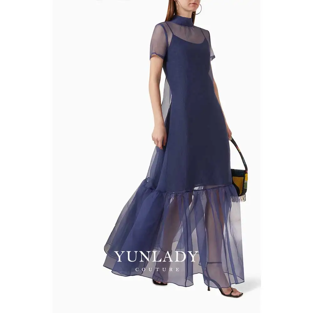 Korean High Neck Customized Blue Prom Dresses Evening Dress Organza A-Line Floor Length Women Evening Gowns Formal Party Dress
