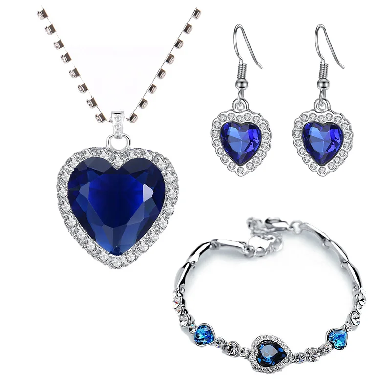 

Titanic Heart of Ocean Necklaces for Women Peach Heart Blue Crystal Zircon Jewelry Sets Female Wedding Engagement Jewelry