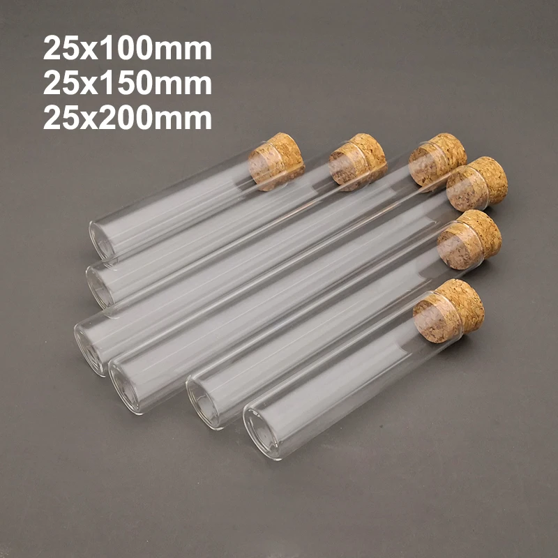 5-10-20pcs 25x100mm / 25x150mm / 25x200mm Clear Lab Flat Bottom Thickening  Glass Test Tube with Cork Plugs