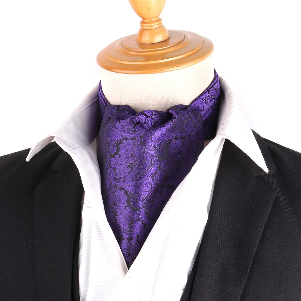 Purple Men Cashew Tie Wedding Formal Cravat Ascot Ties Scrunch Self British Gentleman Polyester Soft Paisley Neck Tie Luxury