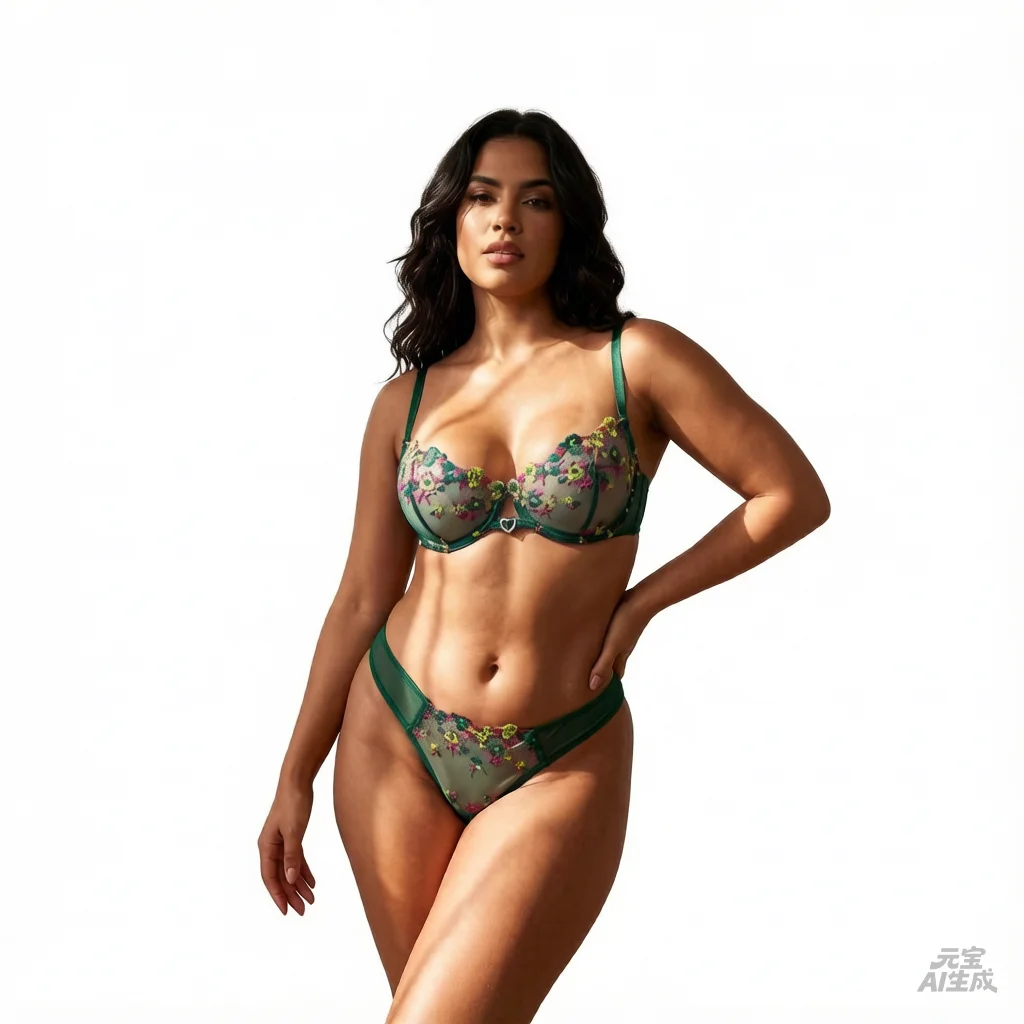 Grün besticktes Blumen-Dessous-Set – Sexy BH und G-String-Kombination mit Herzverzierung, Unterwäsche-Set für DamenZA824026