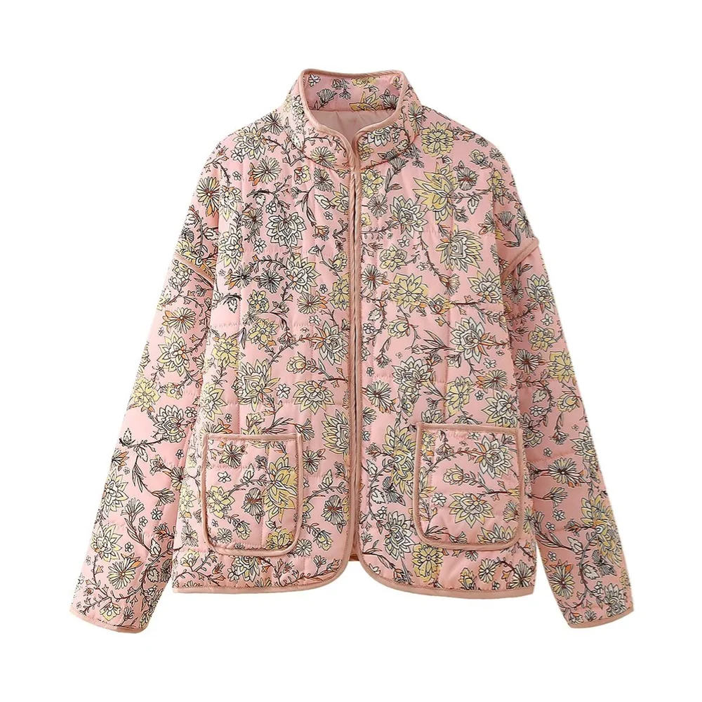 PB&ZA2024 autumn new women\'s clothing floral print stand up collar long sleeved loose casual pocket decoration cotton jacket