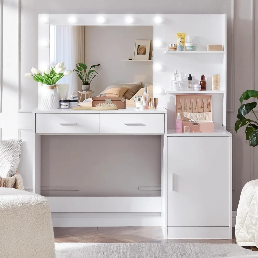 Bedroom Furniture A Dressing Table with A Mirror and Lighting, Equipped with Large Drawers and A Large Vertical Organizer