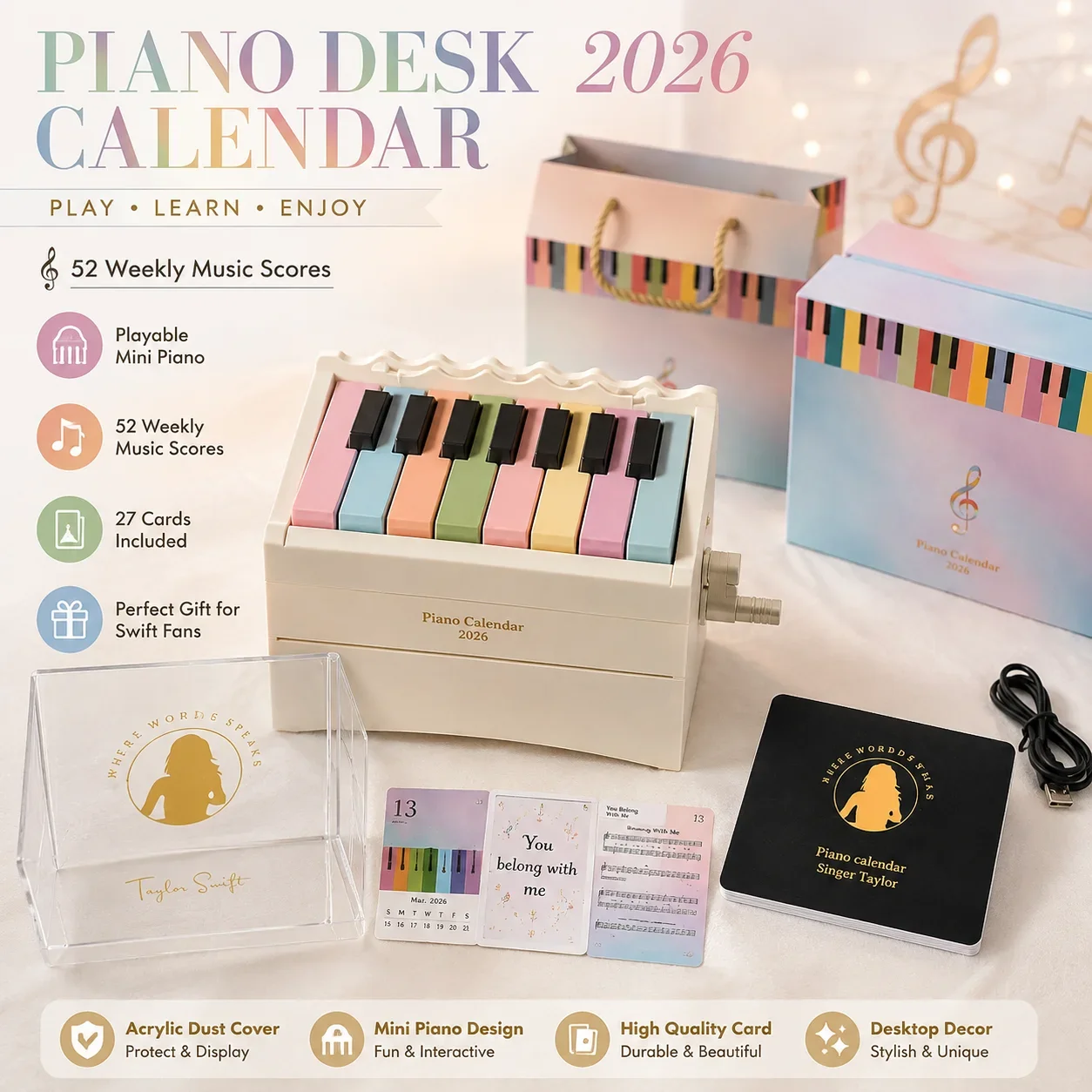 2026 Piano Desk Calendar, Mini Piano Calendar with Acrylic Dust Cover,52 Weekly Music Scores,Desktop Decor Gift for Music Lovers