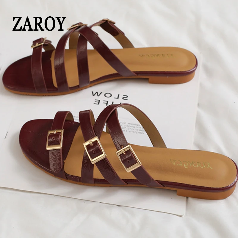 

ZAROY Women Slippers Summer Anti-slip Flat Shoes Burgundy Leather Strap Sandals Casual Versatile Comfort Slides тапочки