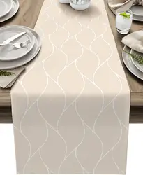 Beige Linen Table Runners Modern Abstract Wave Stripe Dresser Scarf Table Decor Washable Farmhouse Holiday Dining Table Decor