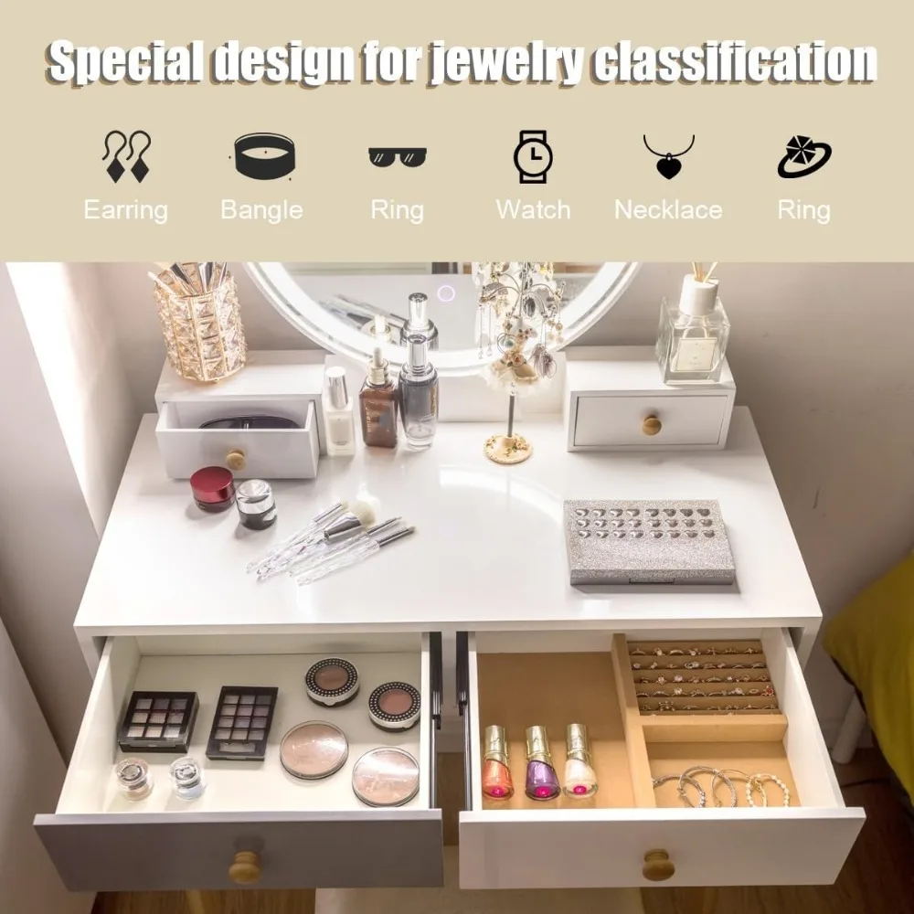 Vanity Set with Lighted Mirror, 3 Lighted Modes Touch Screen Dimming Mirror, Makeup Dressing Table with 4 Drawers and Stool
