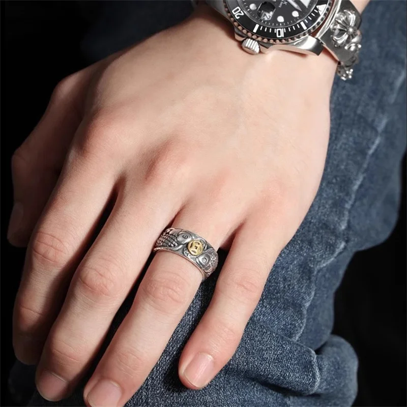 Vintage Coin Double Fish Ring Men Jewelry Fashion Personalized Wide Index Finger Ring Male 925 Silver Lucky Party Accessories