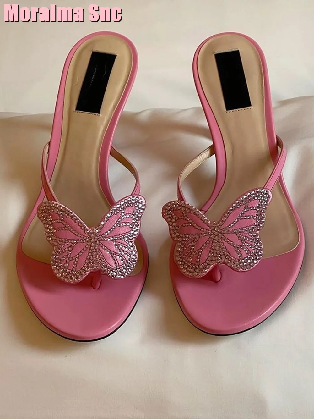 Crystal Butterfly Decor Clip Toe Slippers Kitten Heel Pink Solid Sexy Elegant Women Wedding Shoes Summer Slides Slip On Unique