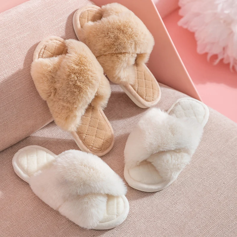 Cozy Faux Fur Crisscross Strap Slippers Women Solid Color Soft Sole Plush Slides Shoes Woman Open Toe Anti-Slip Home Shoes Mujer